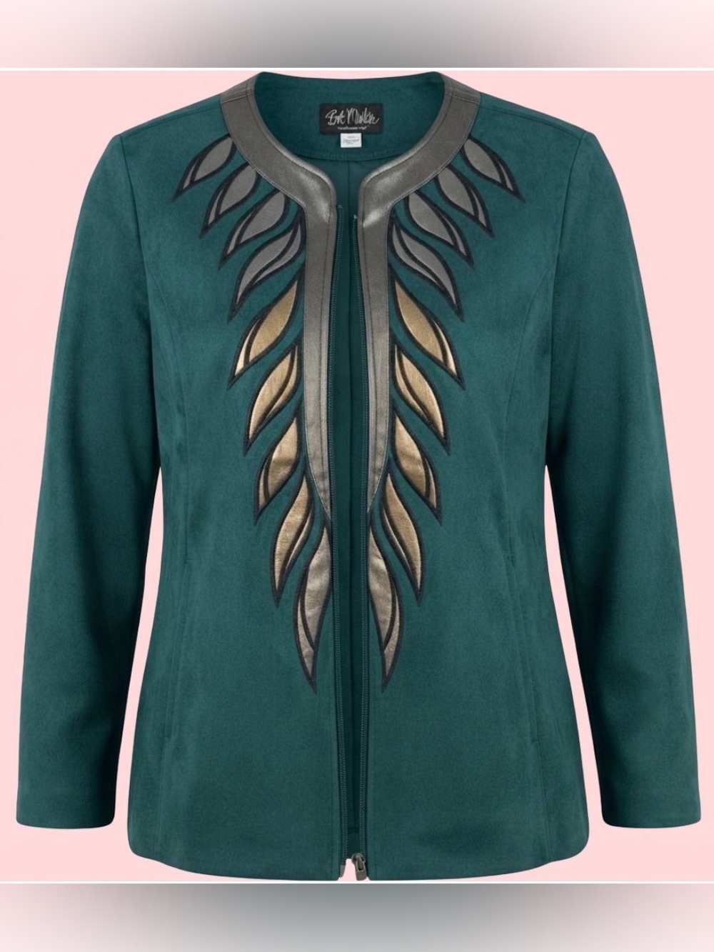 Bob Mackie Wearable Art Green Faux Suede/Leather Leaf Jacket 1X Fall Statement